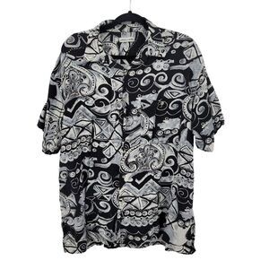 Vtg 80s Mens Sz 1X Short‎ Sleeve Black White Tiki Rayon Button-Up Shirt Hawaiian